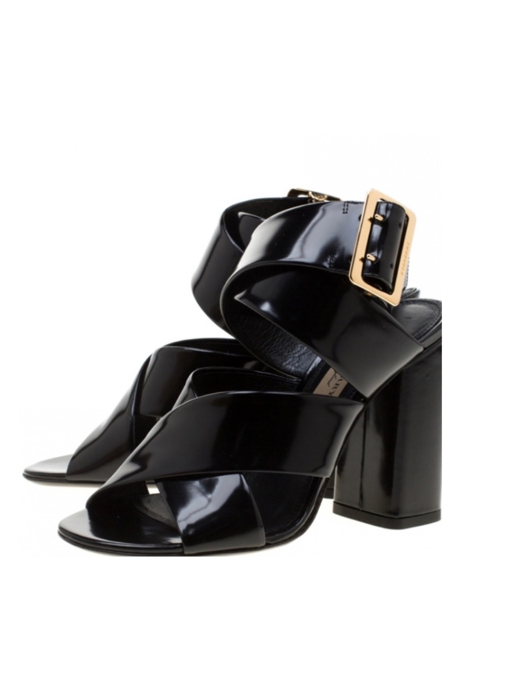 Burberry Black Leather Blaine Trench Buckle Cross Strap Block Heel Sandals 38.5